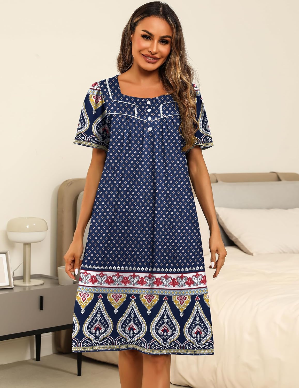 Ekouaer Women's House Dress with Pockets Moomoo Dresses Short Sleeve Mumu Nightgown Lounge Dress Button Down Sleepwear Blue Boho / M Ekouaer Women's House Dress with Pockets Moomoo Dresses Short Sleeve Mumu Nightgown Lounge Dress Button Down Sleepwear Blue Boho / M