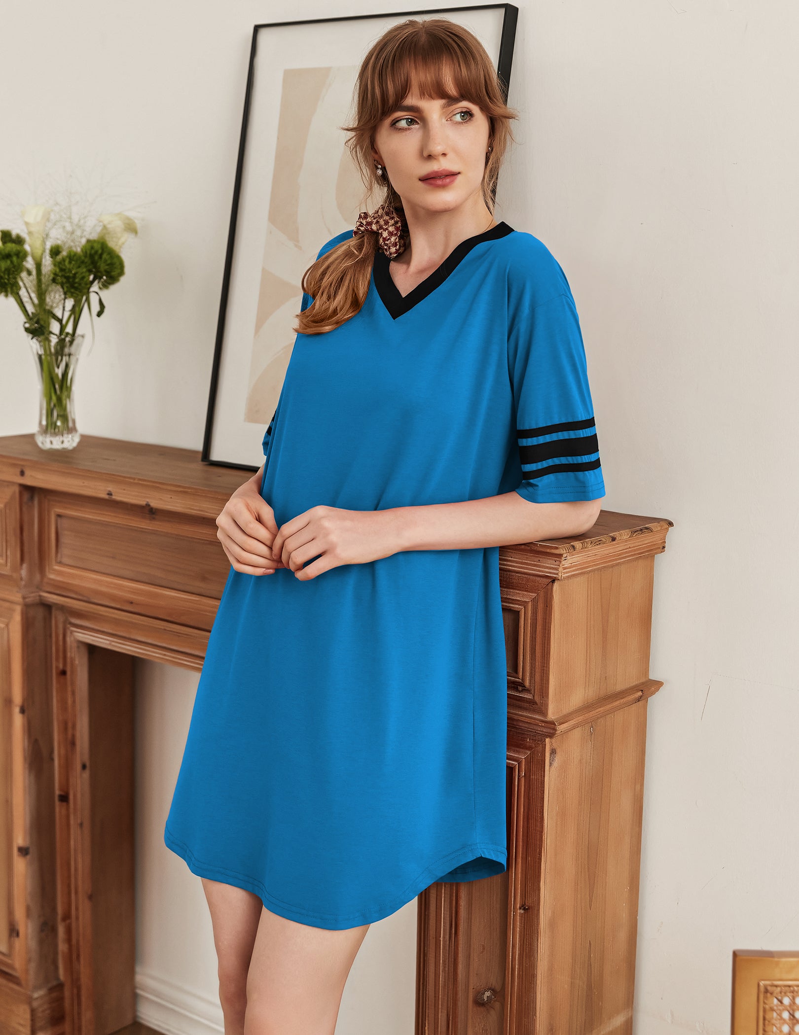 Ekouaer Stylish Contrast Color Cool Sleep Dress