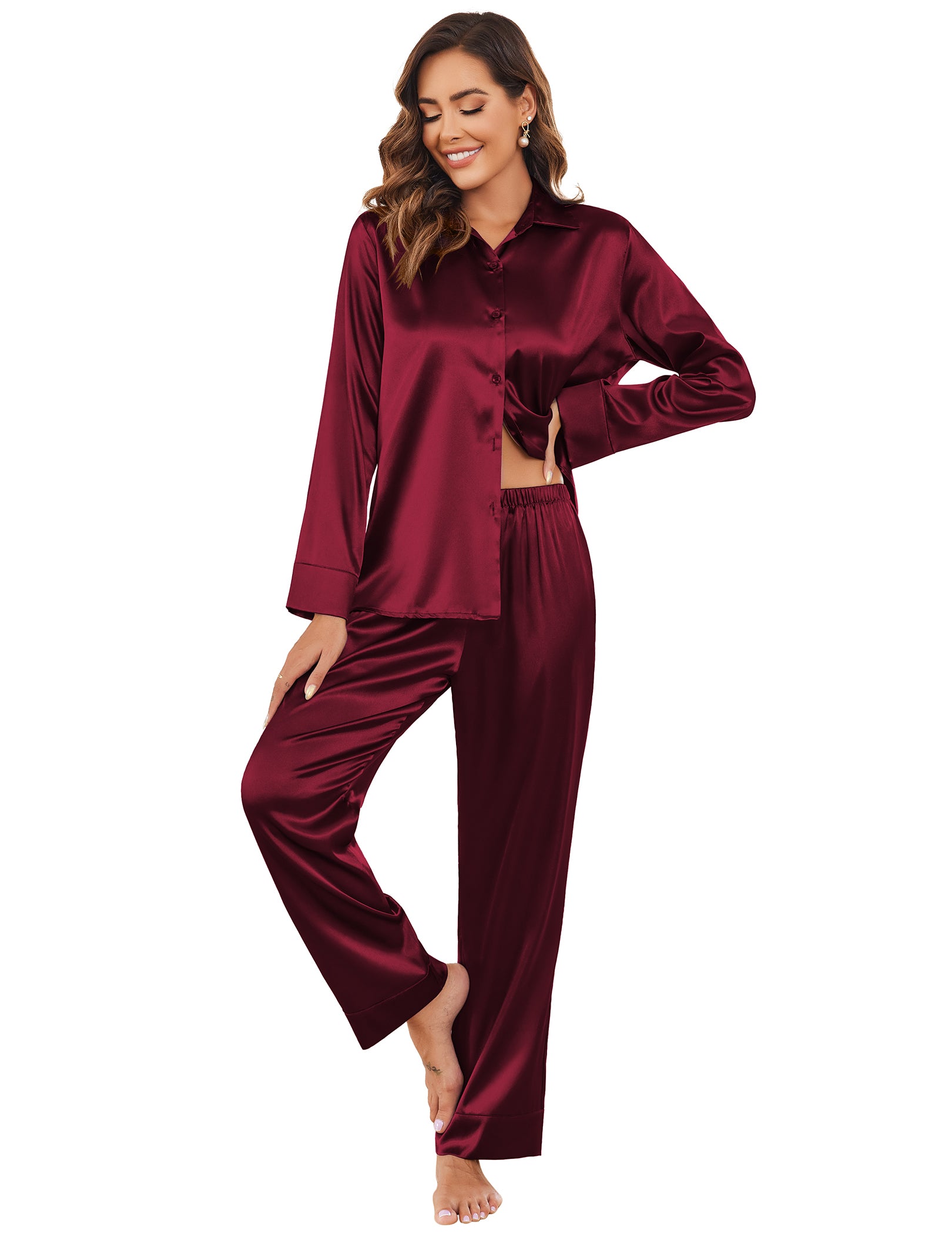 Ekouaer Silk Satin Long Sleeve Pajamas
