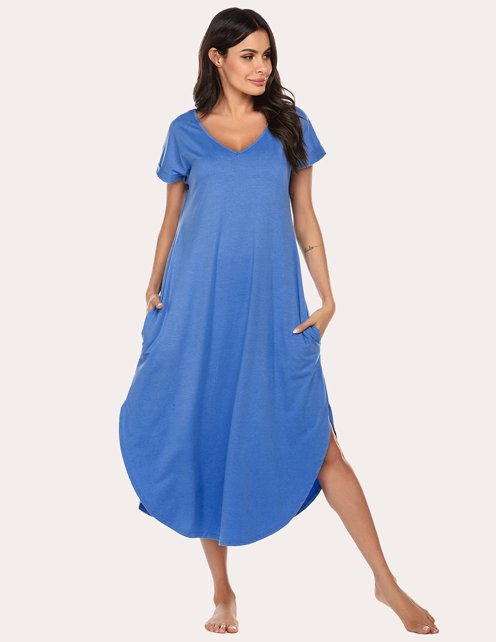 Ekouaer A-Line Split Hem Sleepwear Dress