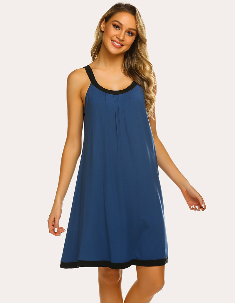 Ekouaer Contrast Color Front Pleated Nightdress