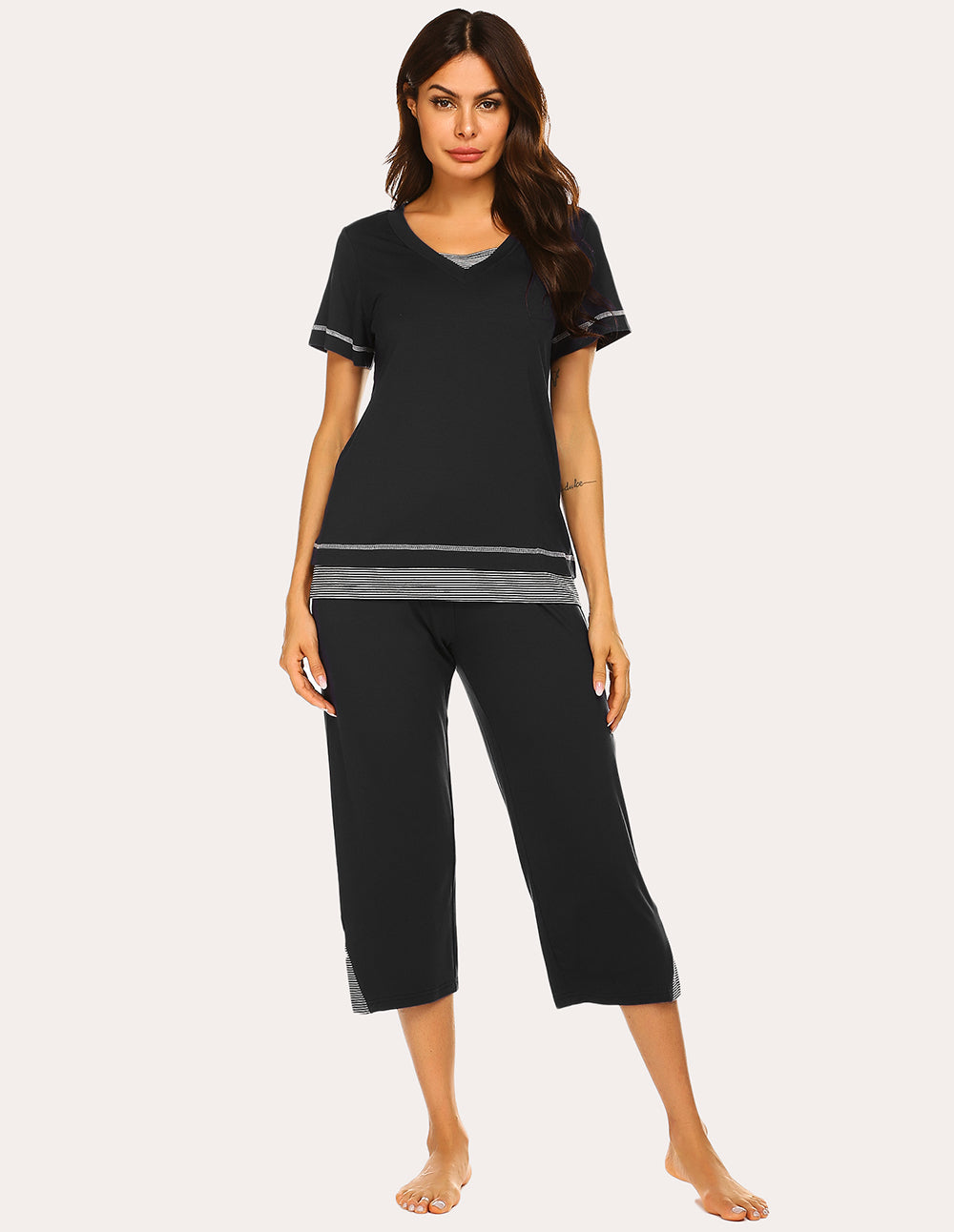 Ekouaer Striped Patchwork T-shirt Capri Pants Pajamas Set