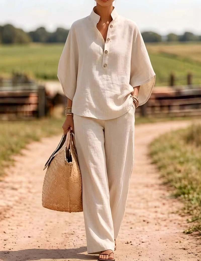 Linen Two Piece Set Mandarin Collar Batwing Sleeve Top & Wide Leg Pants
