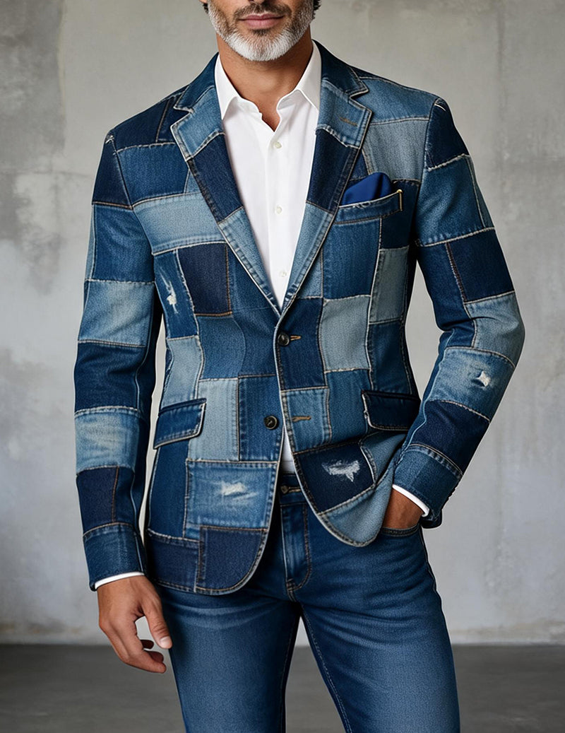 Men's patchwork denim blazer with dark and light blue blocks, flap pockets