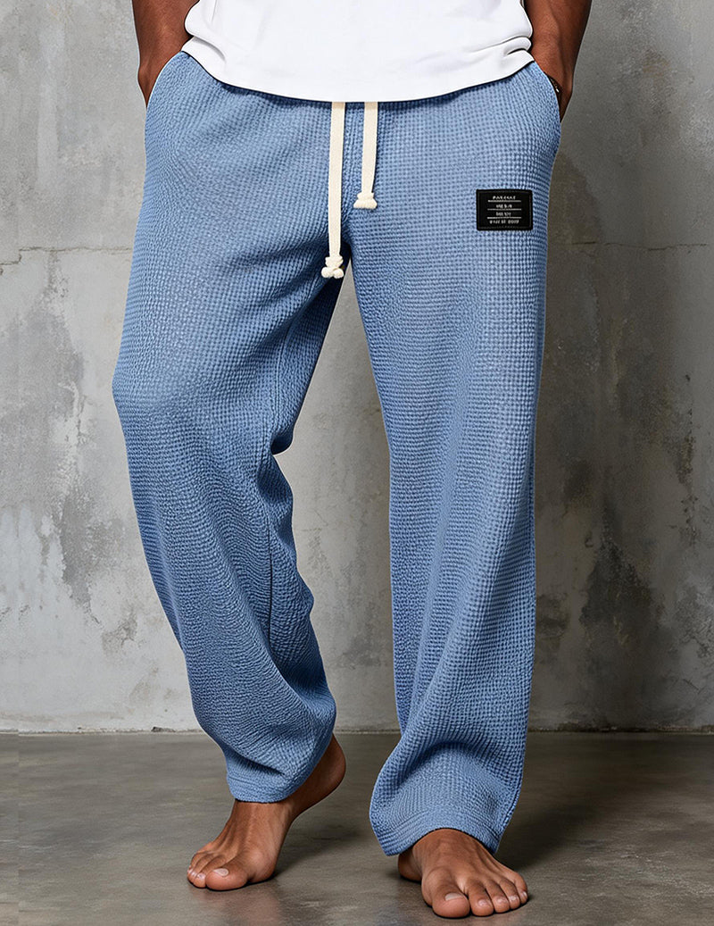 Men's Waffle Knit Pants Loose Fit Drawstring Wide Leg Joggers with Pockets