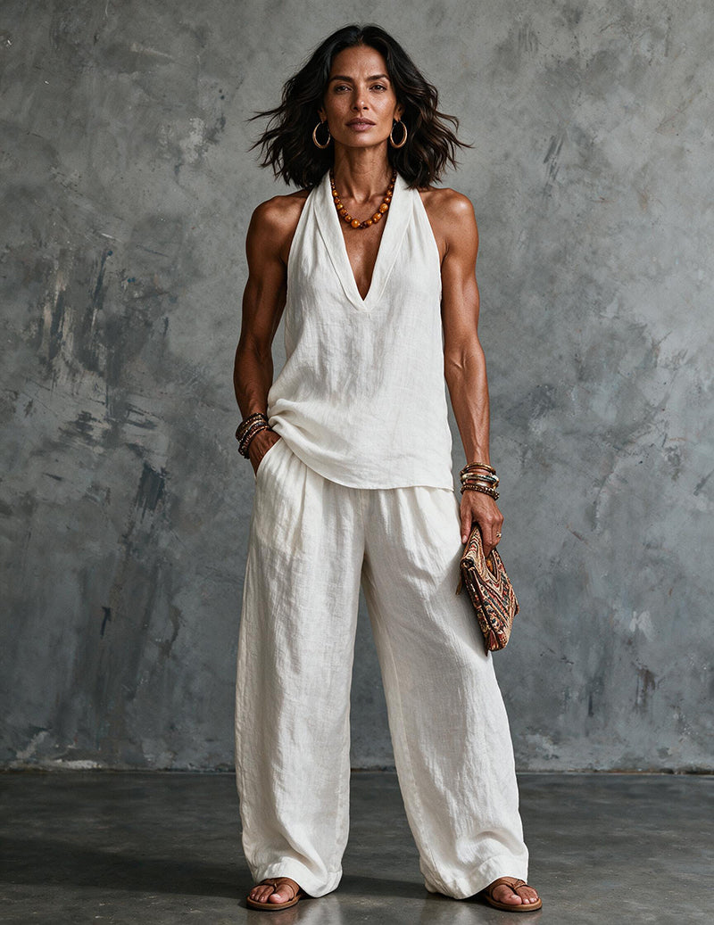 Two Piece Set Halter Deep V Neck Top & Wide Leg Pants Boho Outfit