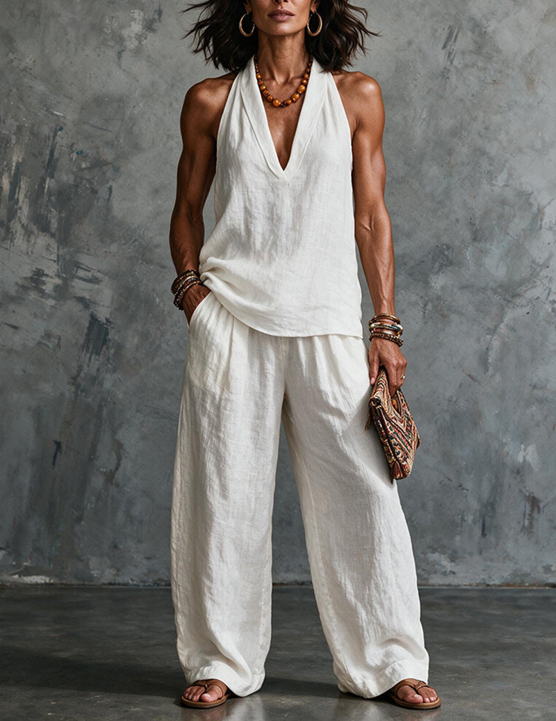 Two Piece Set Halter Deep V Neck Top & Wide Leg Pants Boho Outfit