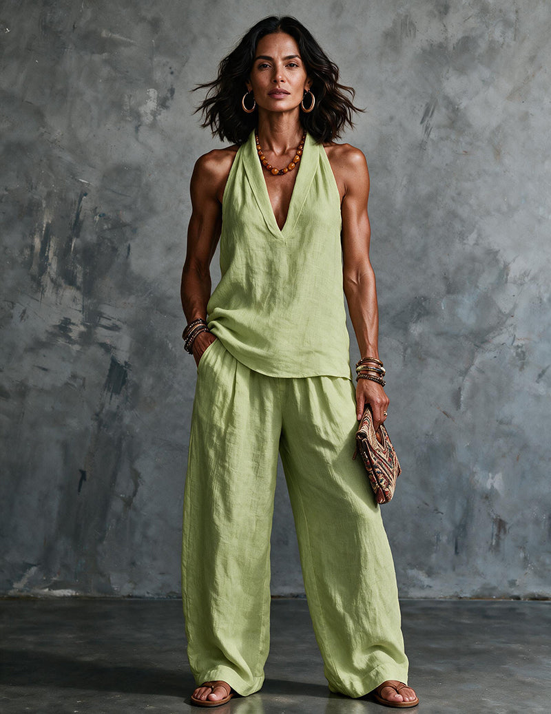 Two Piece Set Halter Deep V Neck Top & Wide Leg Pants Boho Outfit
