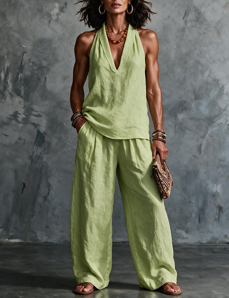Two Piece Set Halter Deep V Neck Top & Wide Leg Pants Boho Outfit