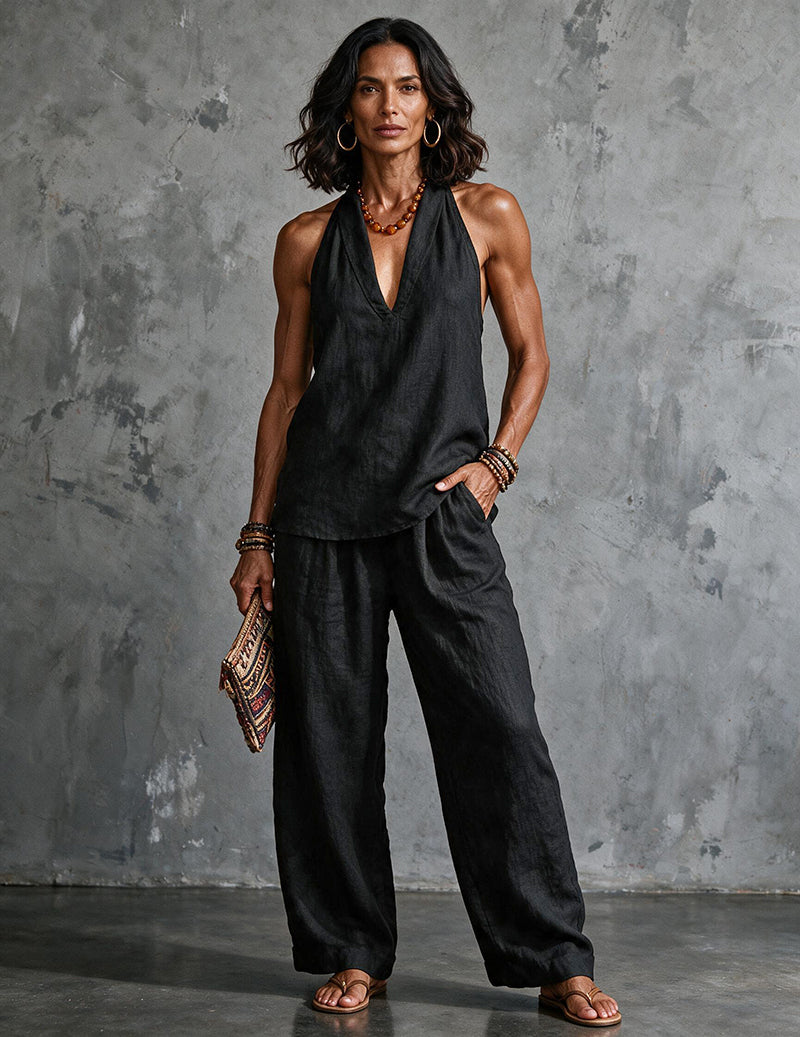 Two Piece Set Halter Deep V Neck Top & Wide Leg Pants Boho Outfit