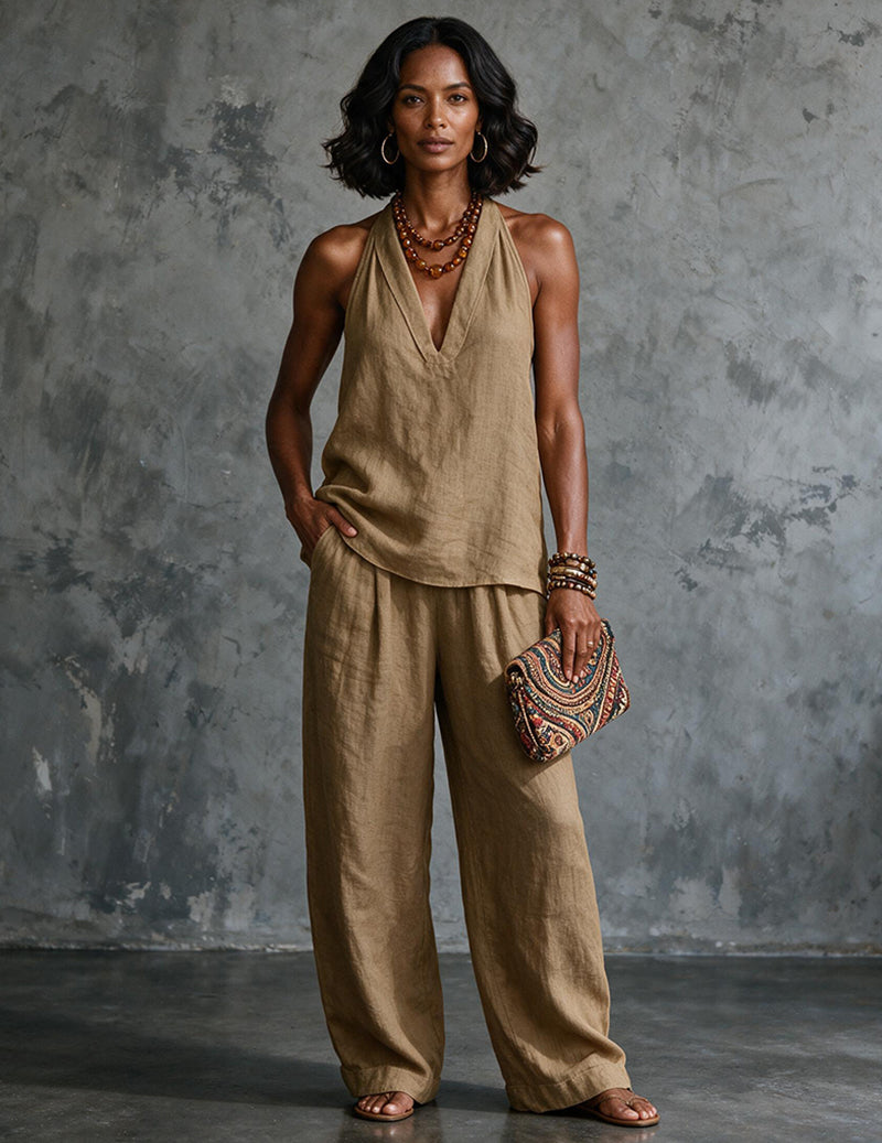 Two Piece Set Halter Deep V Neck Top & Wide Leg Pants Boho Outfit