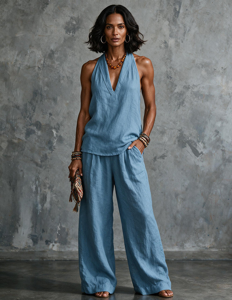 Two Piece Set Halter Deep V Neck Top & Wide Leg Pants Boho Outfit