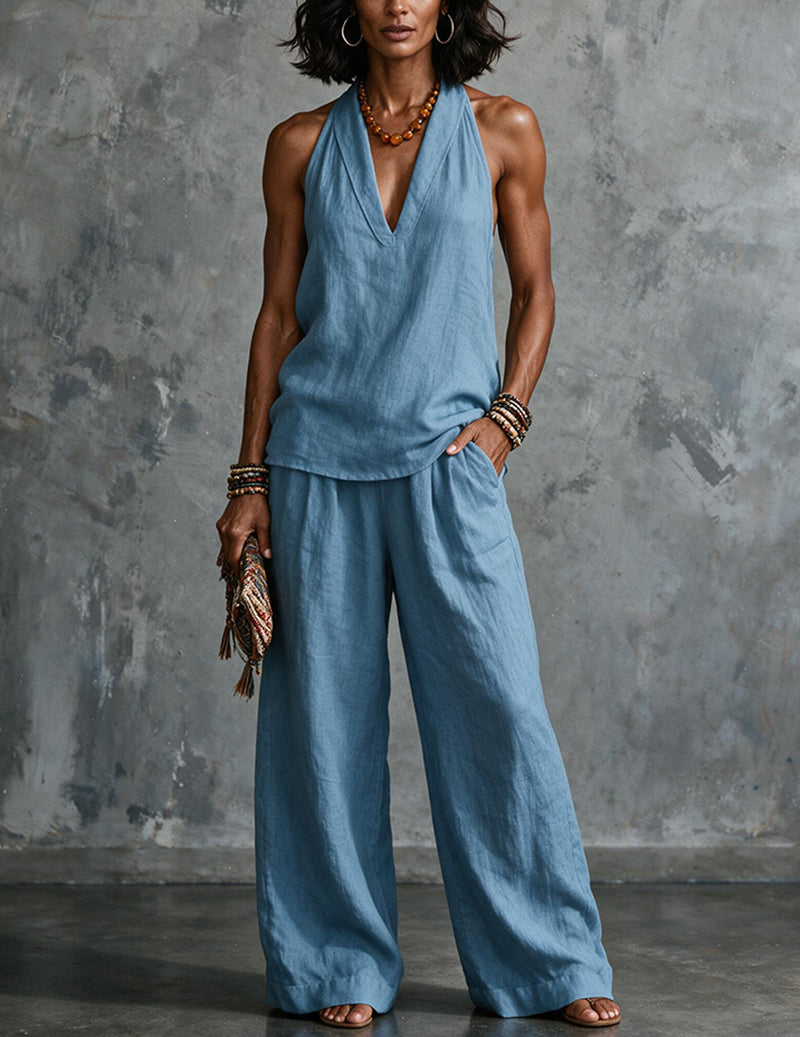 Two Piece Set Halter Deep V Neck Top & Wide Leg Pants Boho Outfit