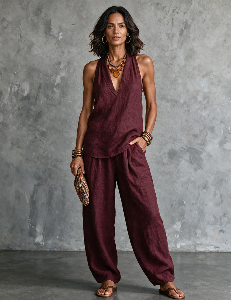 Two Piece Set Halter Deep V Neck Top & Wide Leg Pants Boho Outfit