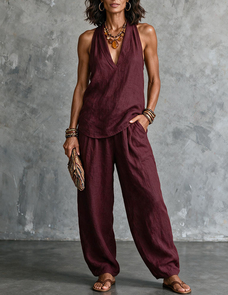 Two Piece Set Halter Deep V Neck Top & Wide Leg Pants Boho Outfit