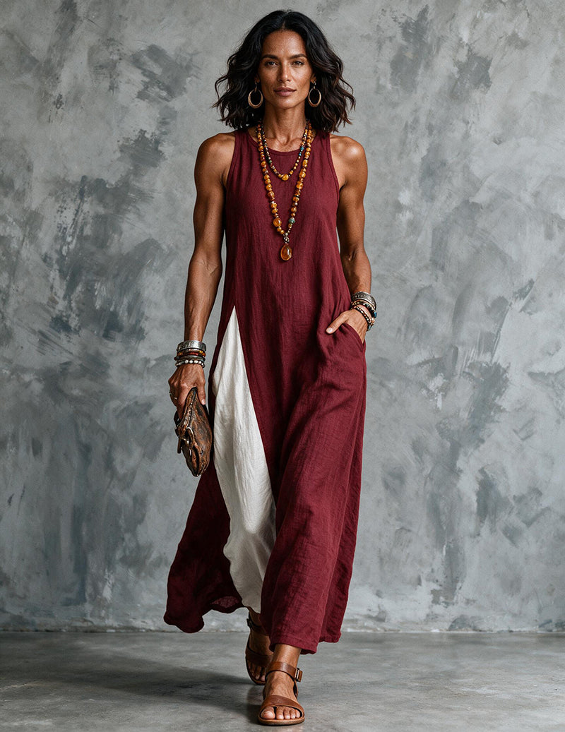 Wine red asymmetric sleeveless maxi dress with side slit and white color-block panel