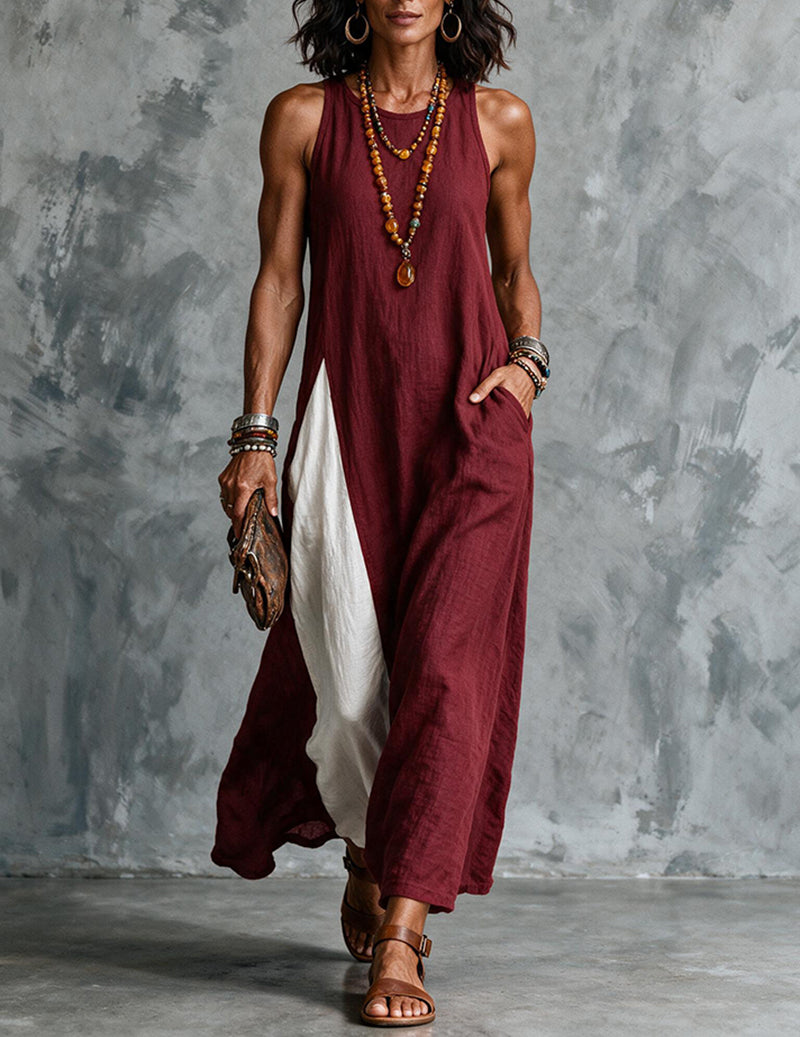 Wine red asymmetric sleeveless maxi dress with side slit and white color-block panel