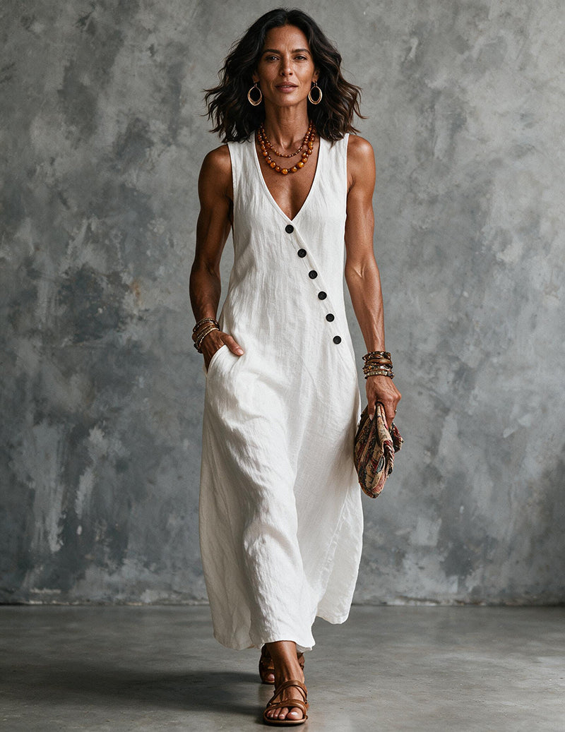 White linen sleeveless V-neck button-down midi dress with front buttons