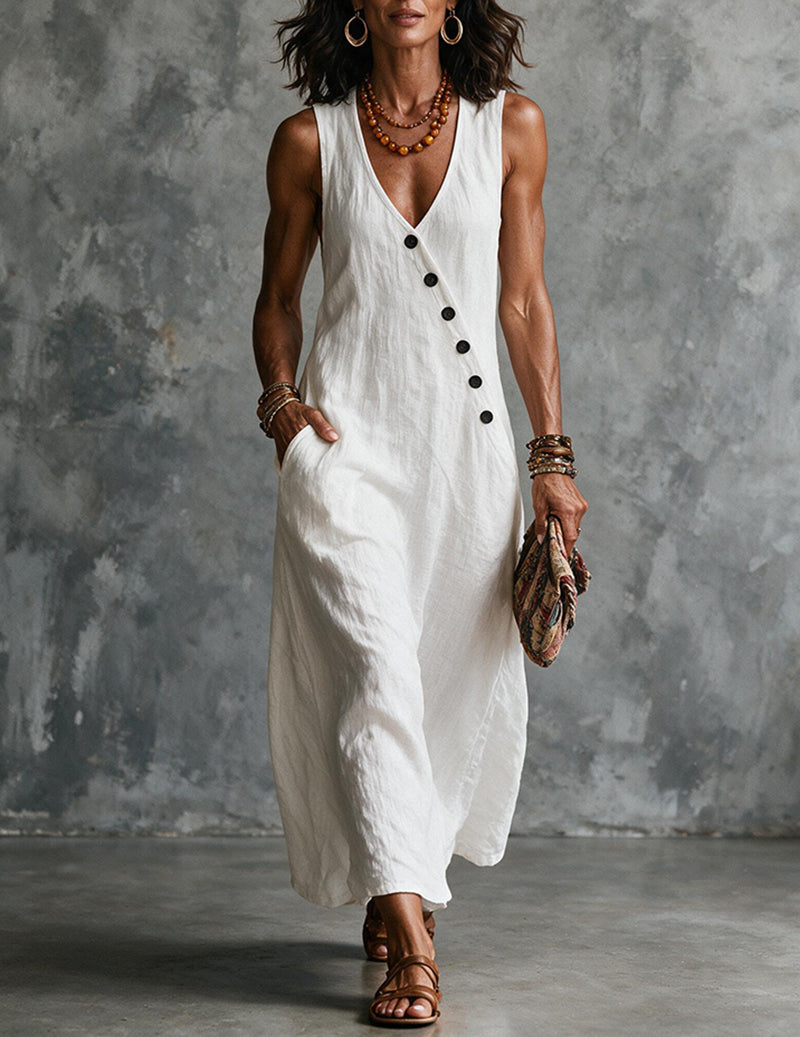 White linen sleeveless V-neck button-front midi dress with pockets