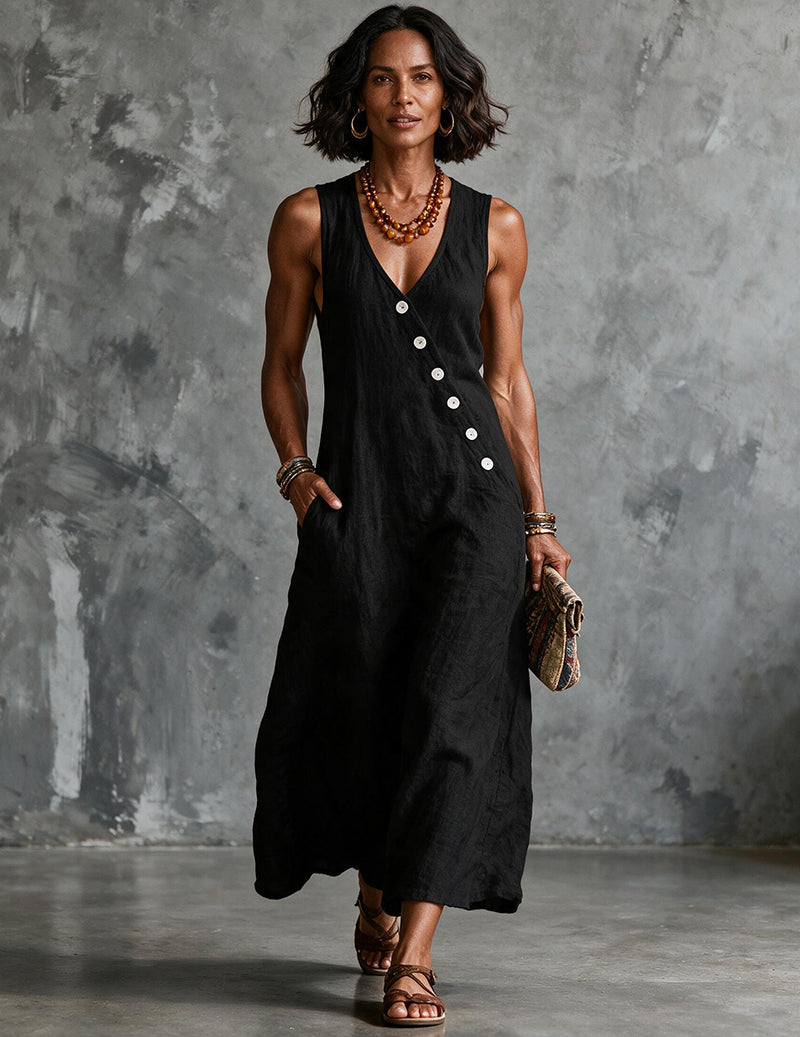 Black linen sleeveless V-neck button-front midi dress with pockets