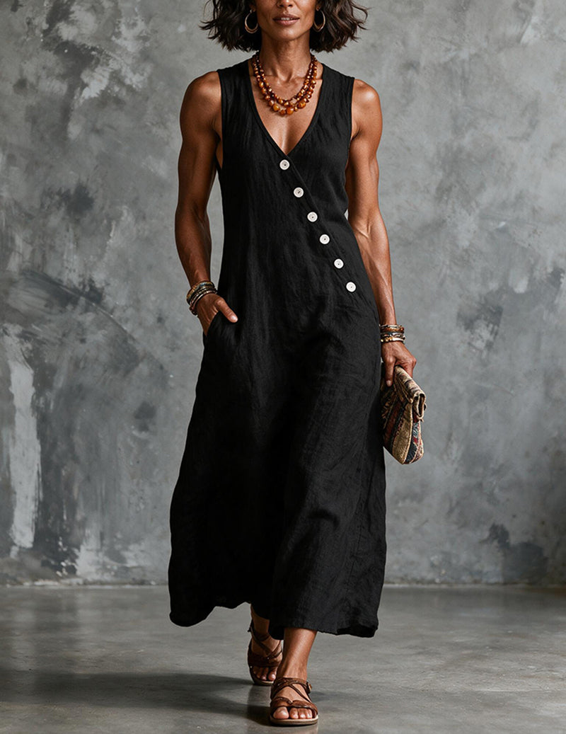 Black linen sleeveless V-neck button-front midi dress with pockets