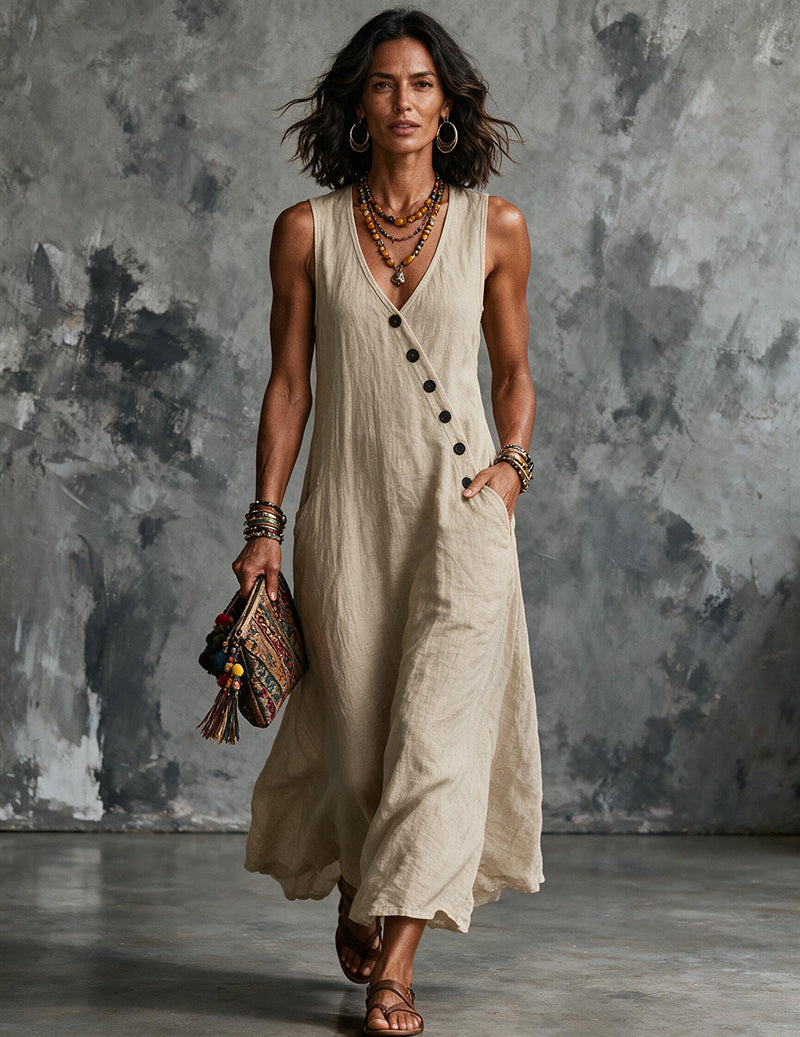 Light khaki linen sleeveless V-neck button-front midi dress with pockets