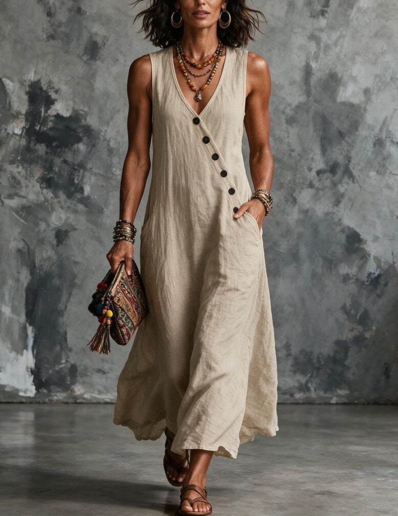 Ekouaer Linen Sleeveless V-Neck Midi Dress Khaki / L