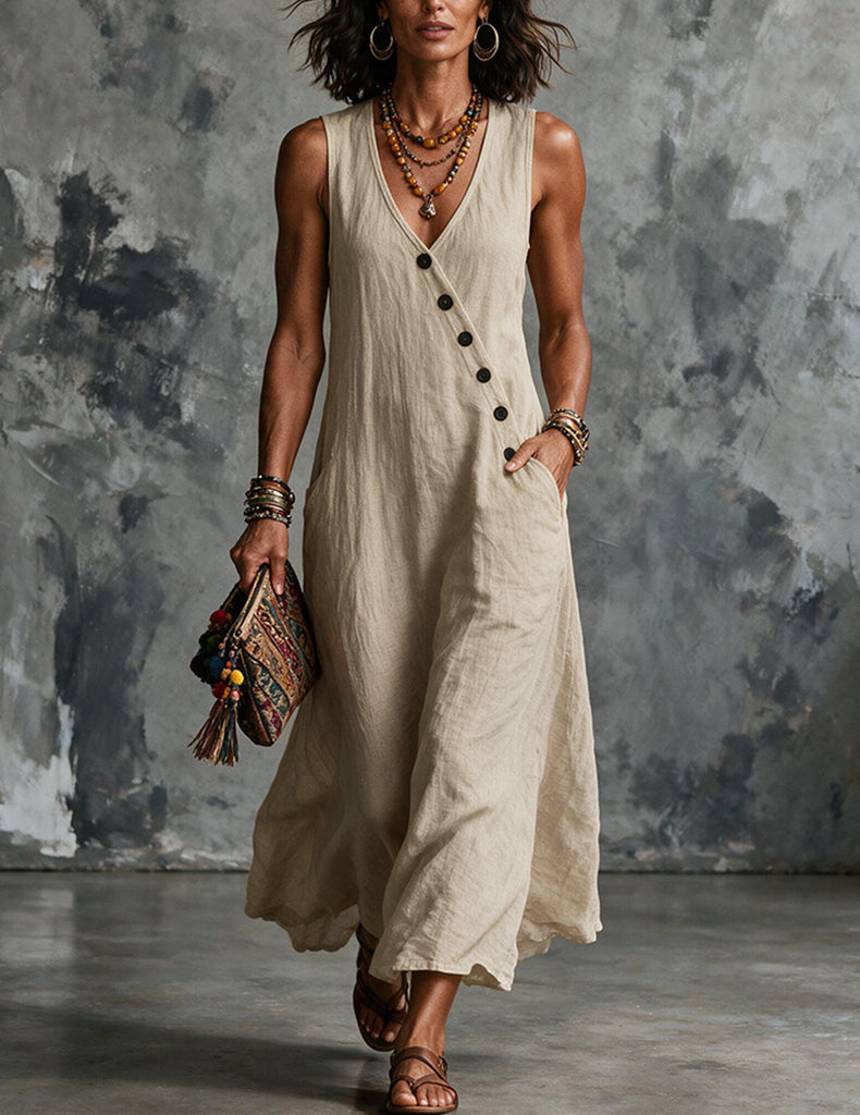 Ekouaer Linen Sleeveless V-Neck Midi Dress