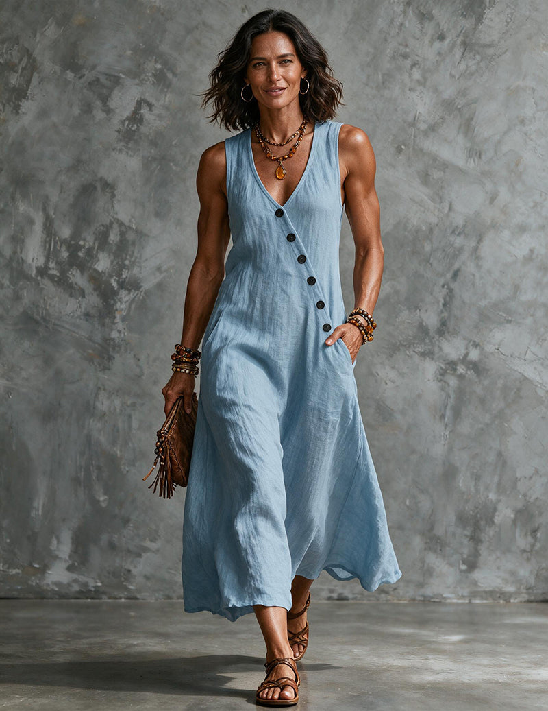 Light blue linen sleeveless V-neck button-front midi dress with pockets