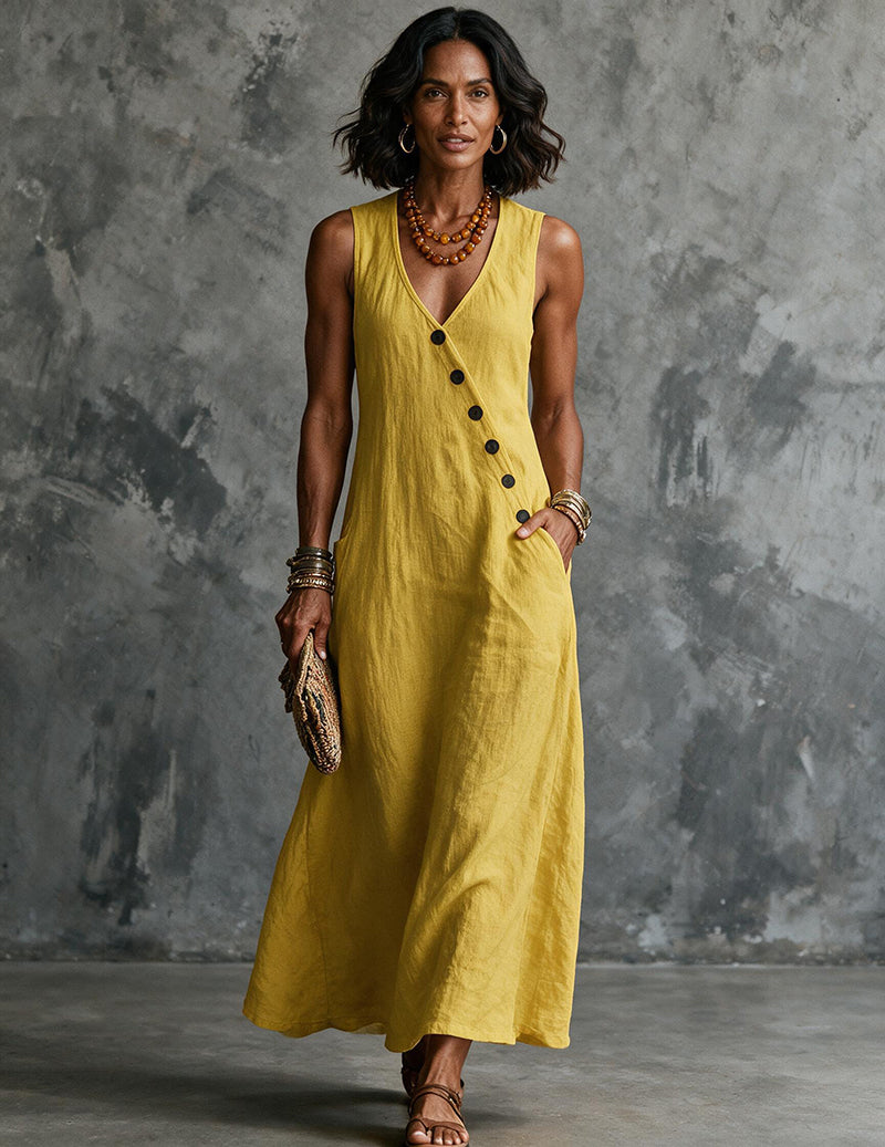 Yellow linen sleeveless V-neck button-down midi dress with front buttons
