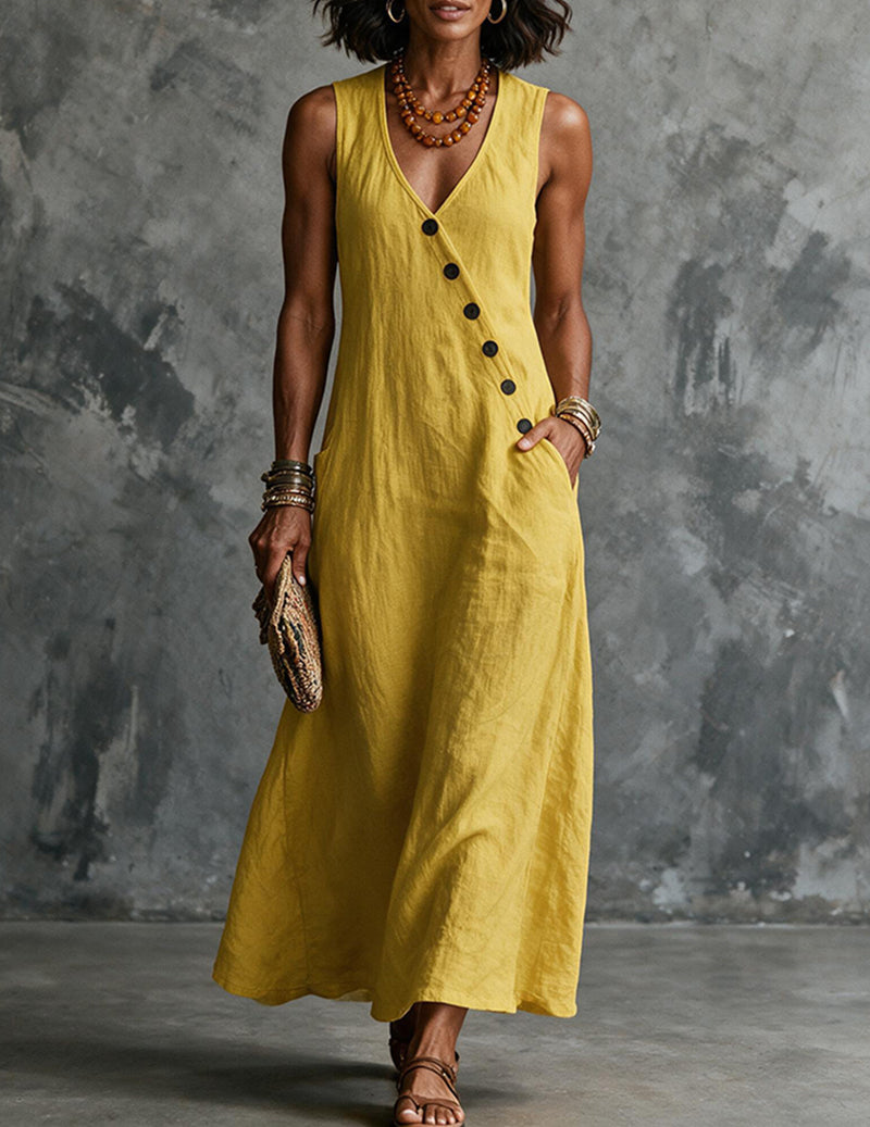 Yellow linen sleeveless V-neck button-front midi dress with pockets