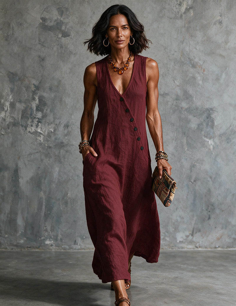 Wine red linen sleeveless V-neck button-front midi dress with pockets
