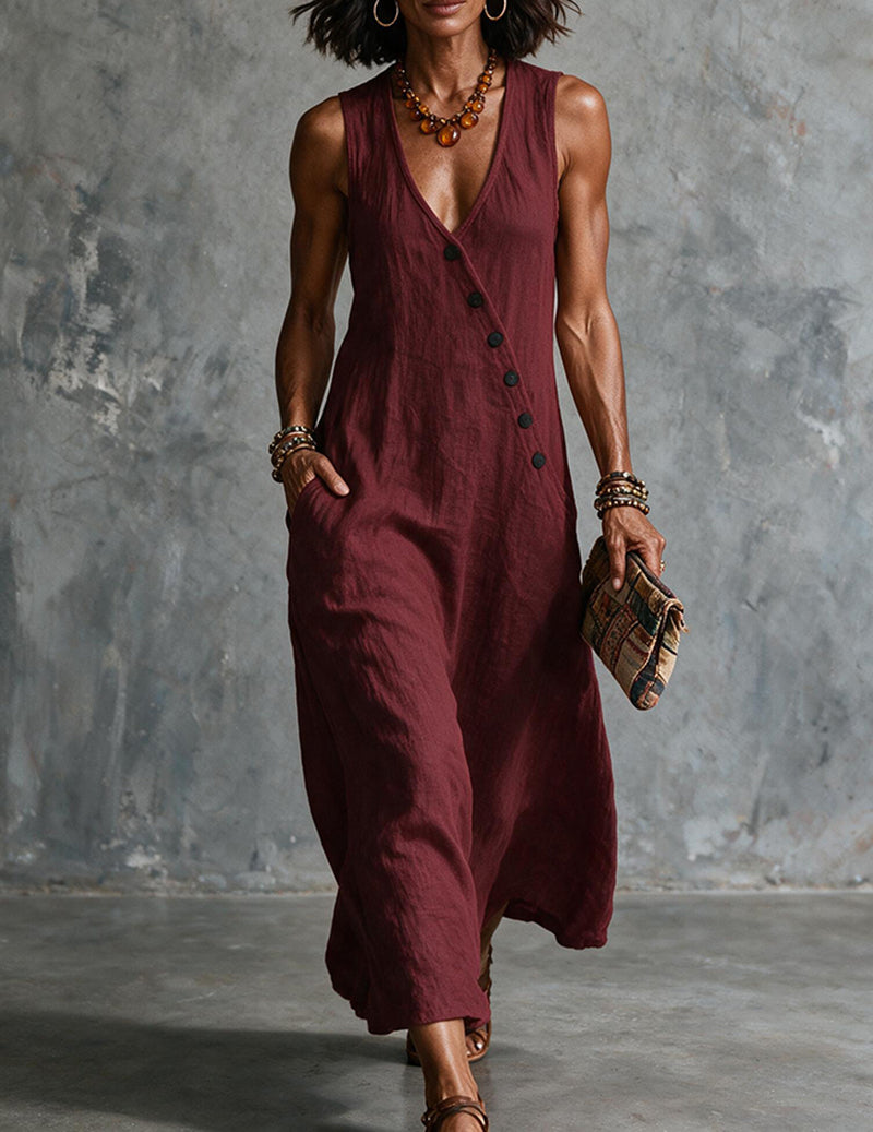 Wine red linen sleeveless V-neck button-front midi dress with pockets