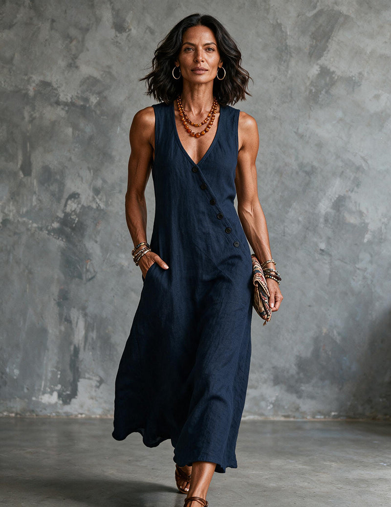 Navy blue linen sleeveless V-neck button-front midi dress with pockets
