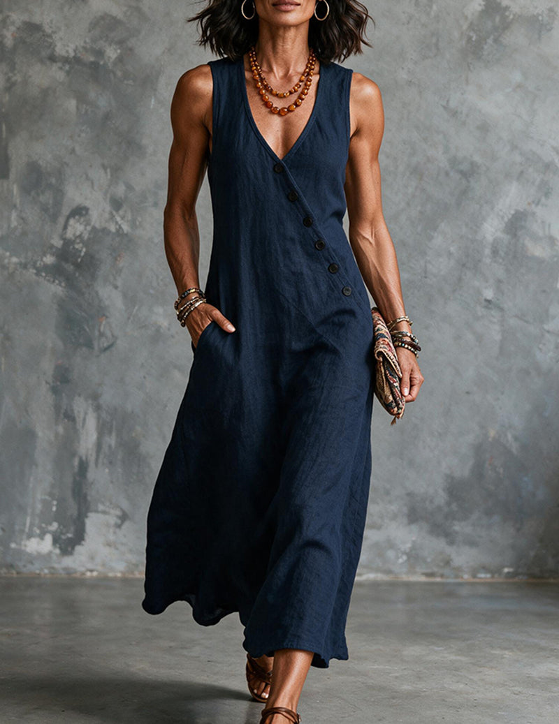 Dark blue linen sleeveless V-neck button-front midi dress with pockets