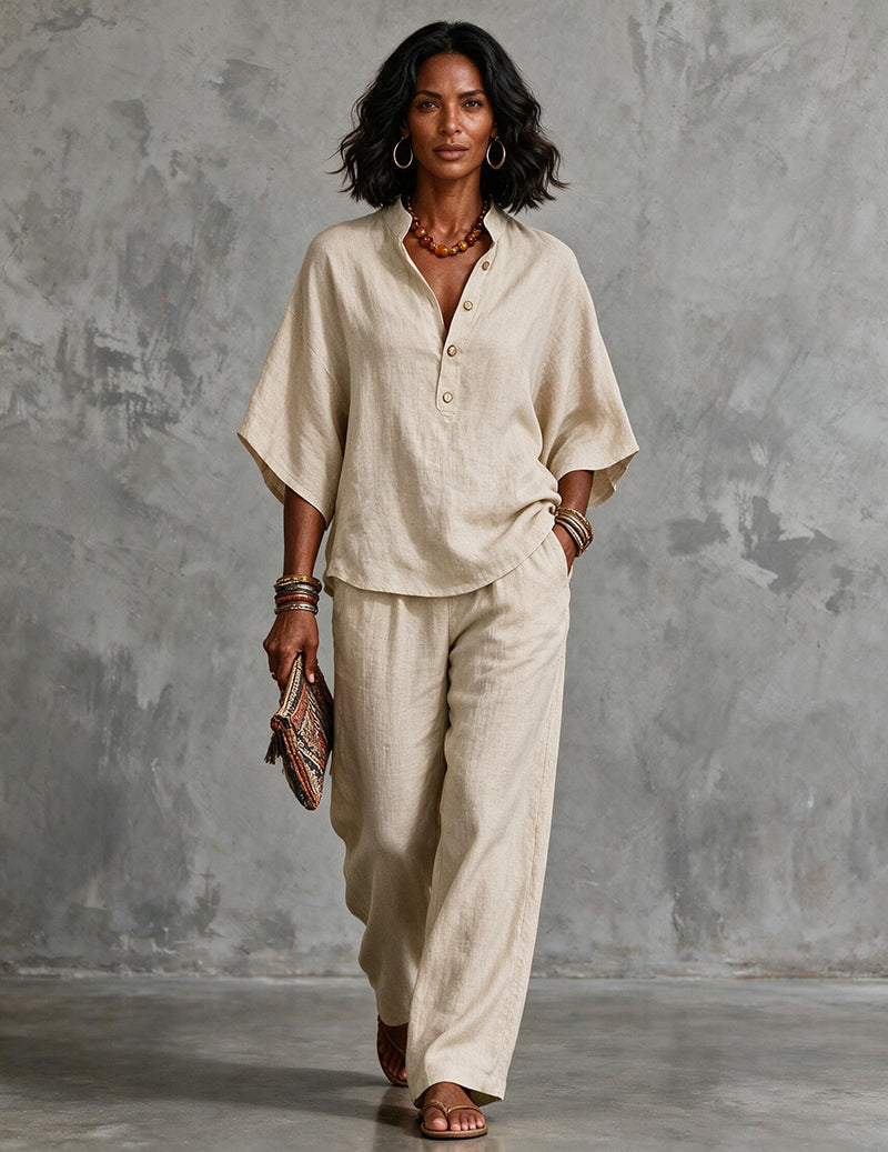Linen Two Piece Set Mandarin Collar Batwing Sleeve Top & Wide Leg Pants