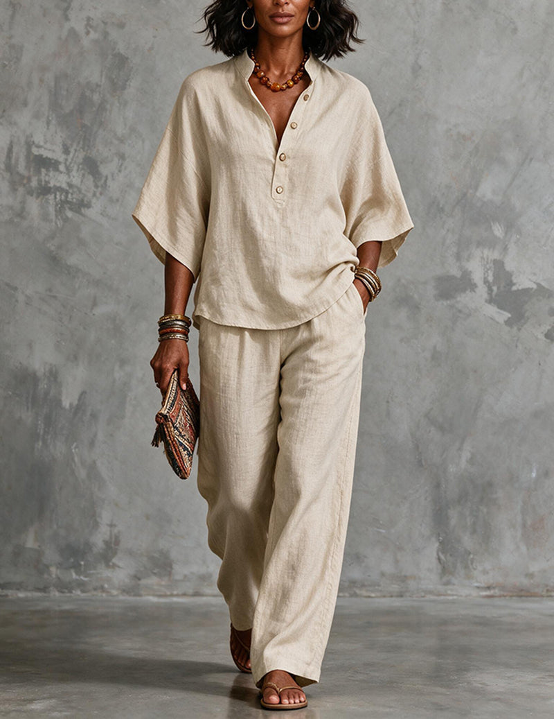 Linen Two Piece Set Mandarin Collar Batwing Sleeve Top & Wide Leg Pants
