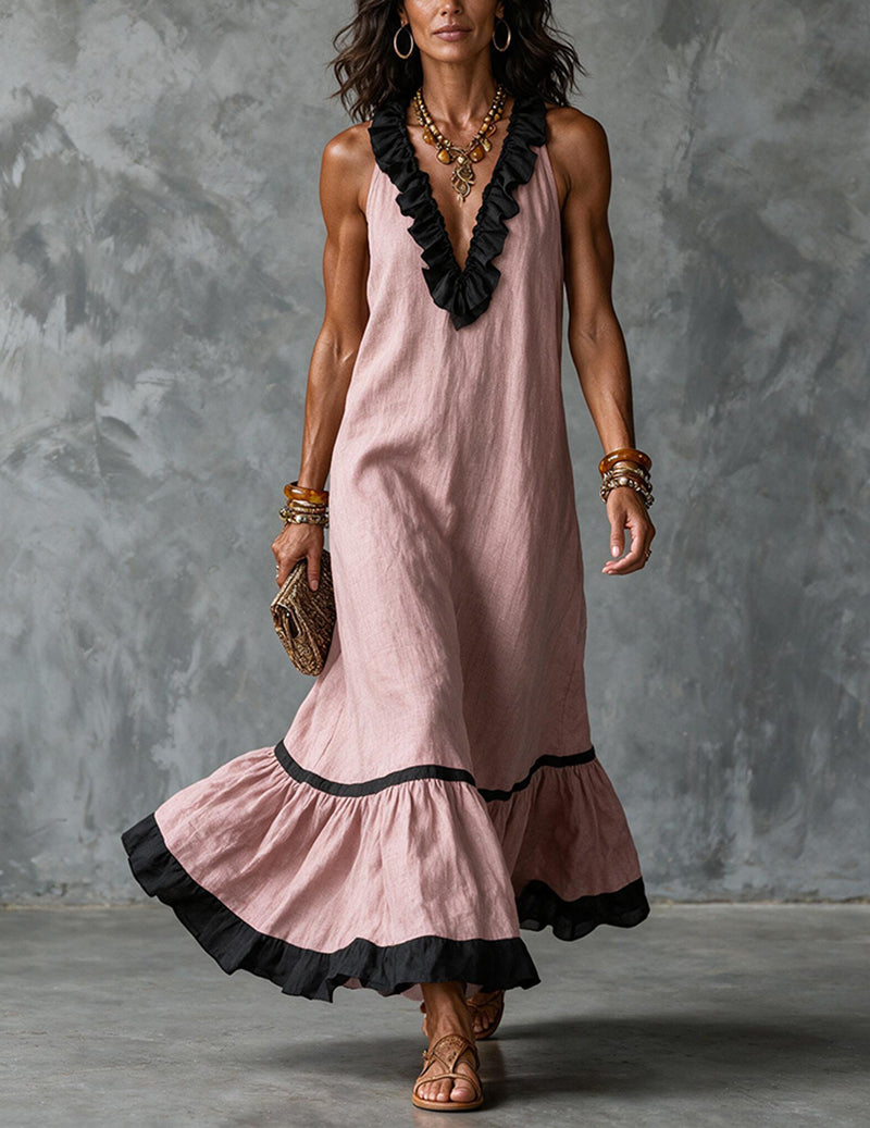 Ruffled Halter Maxi Dress Cotton Linen Sleeveless Gown Pink / XL