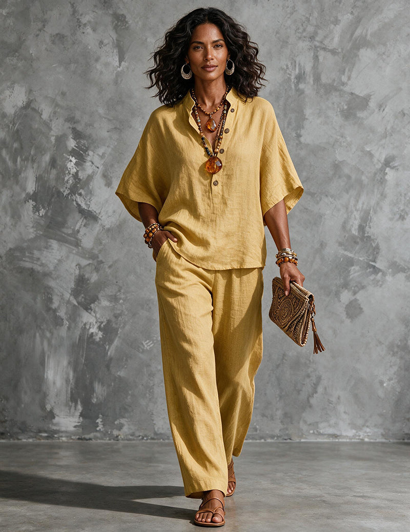 Linen Two Piece Set Mandarin Collar Batwing Sleeve Top & Wide Leg Pants