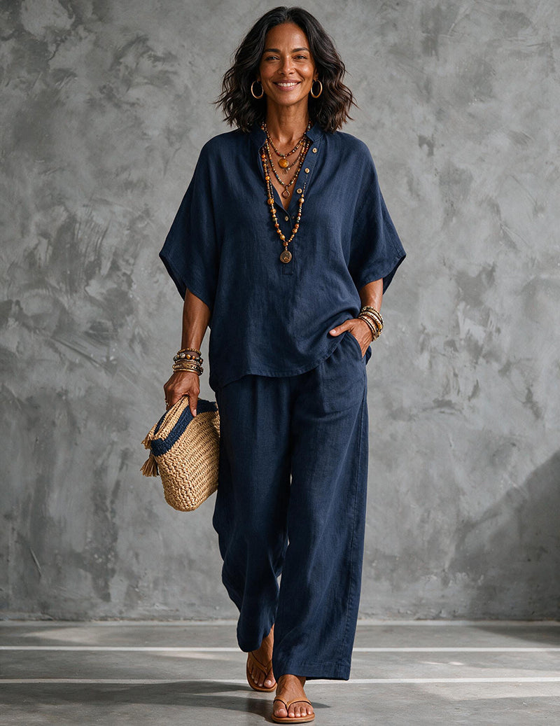 Linen Two Piece Set Mandarin Collar Batwing Sleeve Top & Wide Leg Pants