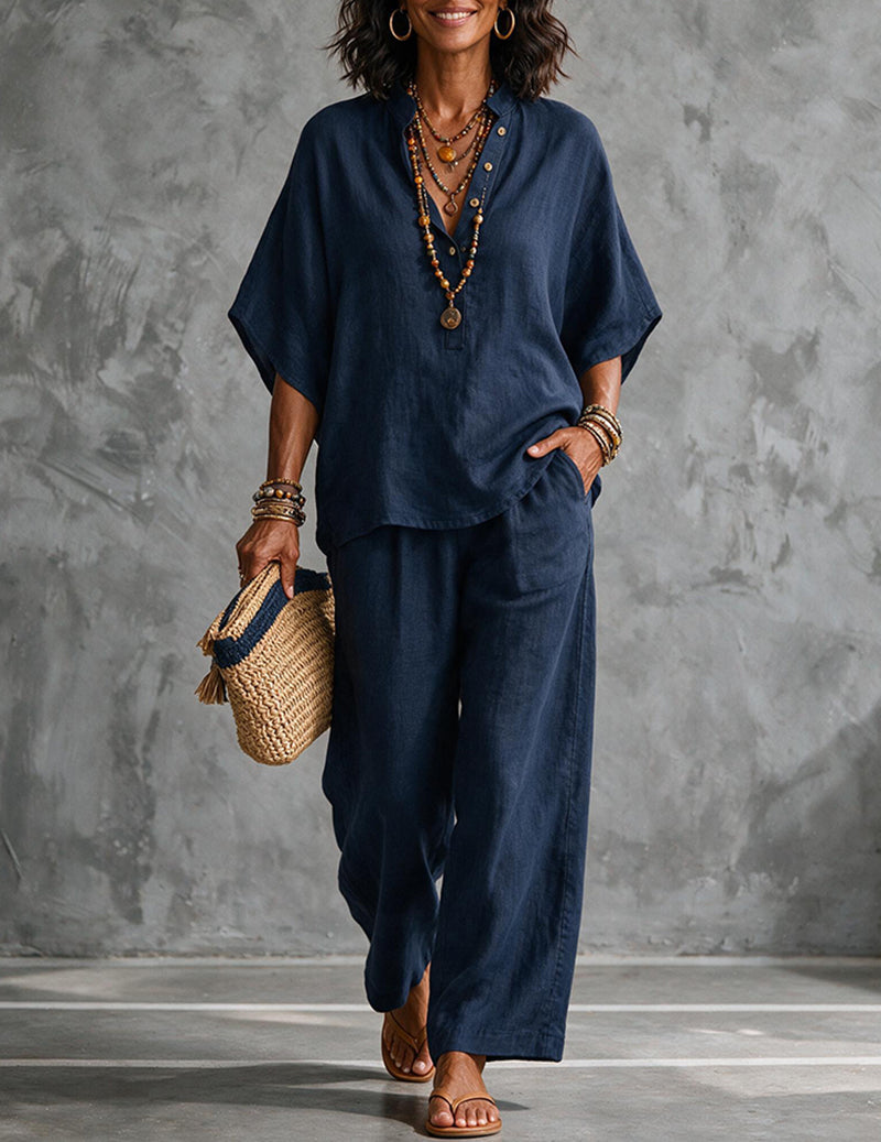 Linen Two Piece Set Mandarin Collar Batwing Sleeve Top & Wide Leg Pants
