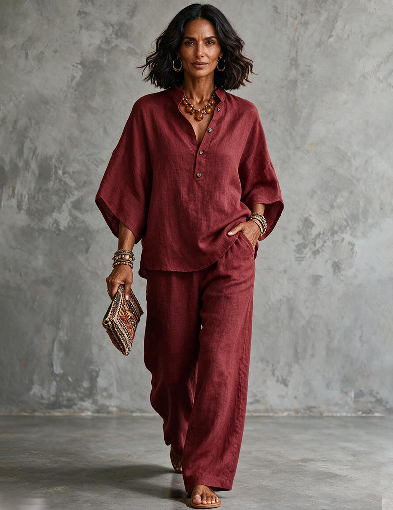 Linen Two Piece Set Mandarin Collar Batwing Sleeve Top & Wide Leg Pants
