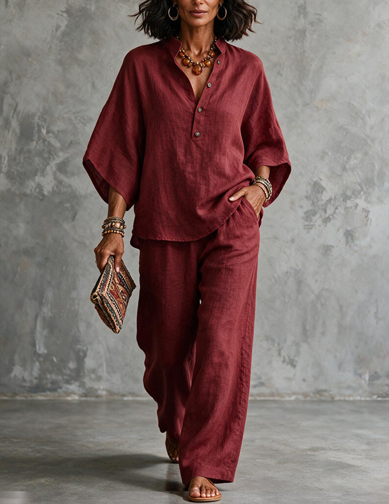 Linen Two Piece Set Mandarin Collar Batwing Sleeve Top & Wide Leg Pants