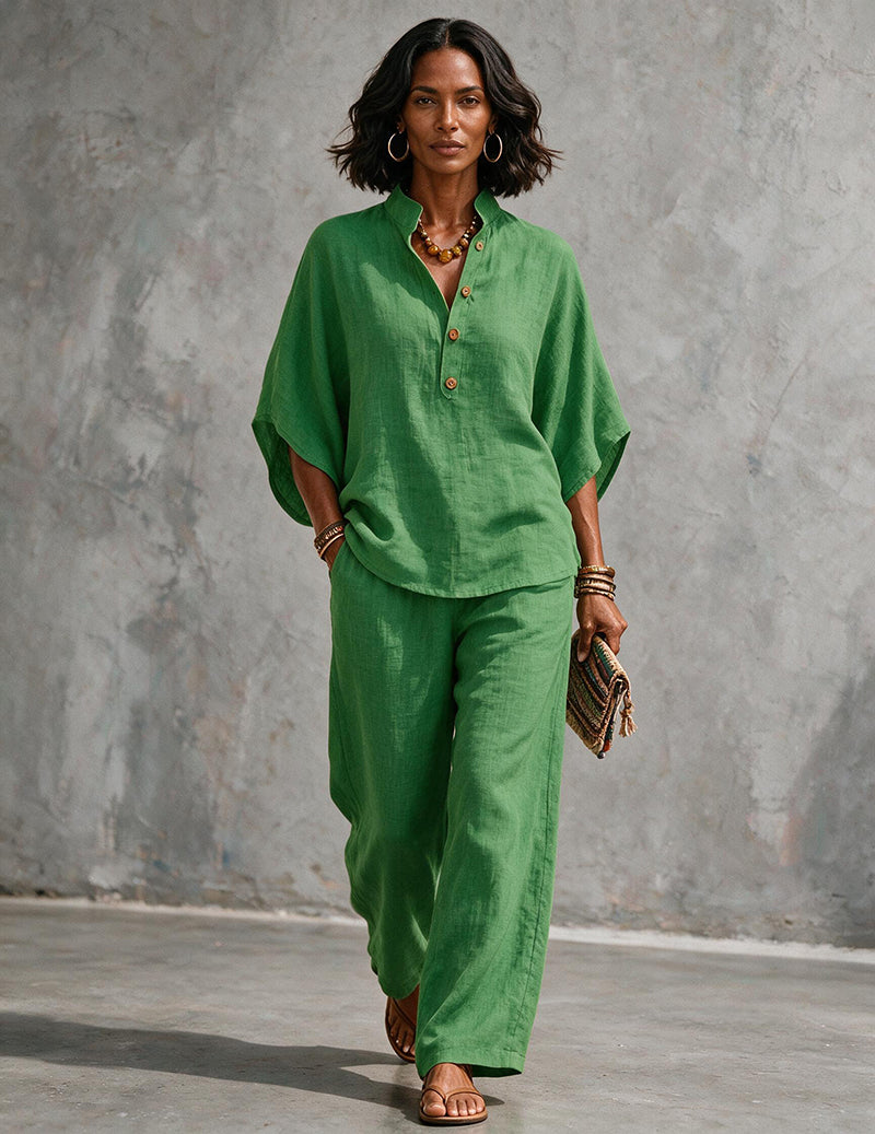 Linen Two Piece Set Mandarin Collar Batwing Sleeve Top & Wide Leg Pants