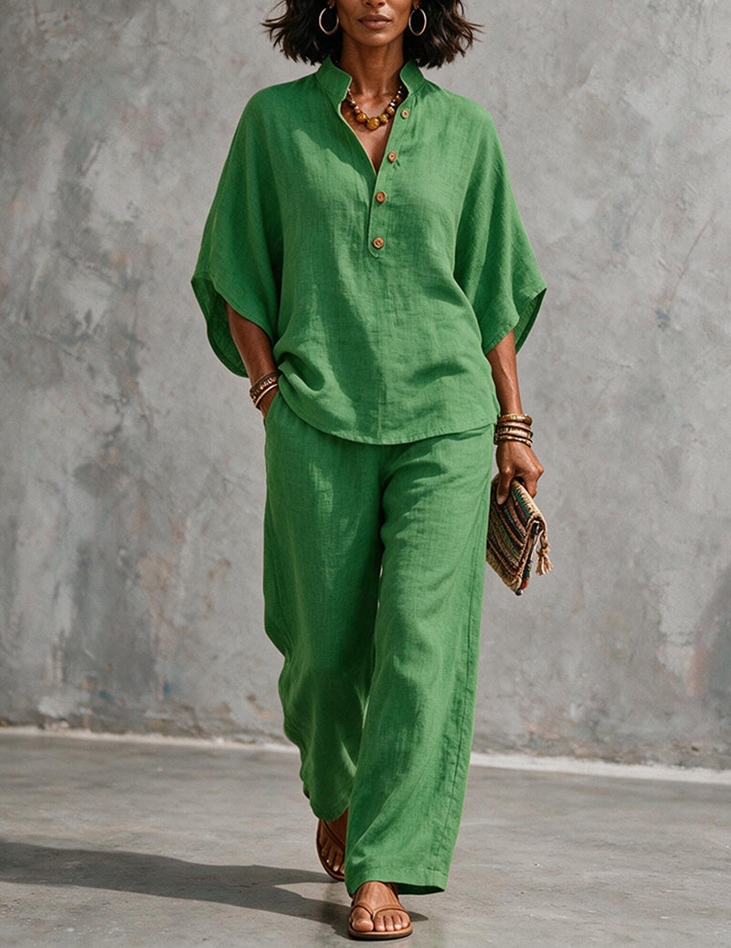 Linen Two Piece Set Mandarin Collar Batwing Sleeve Top & Wide Leg Pants