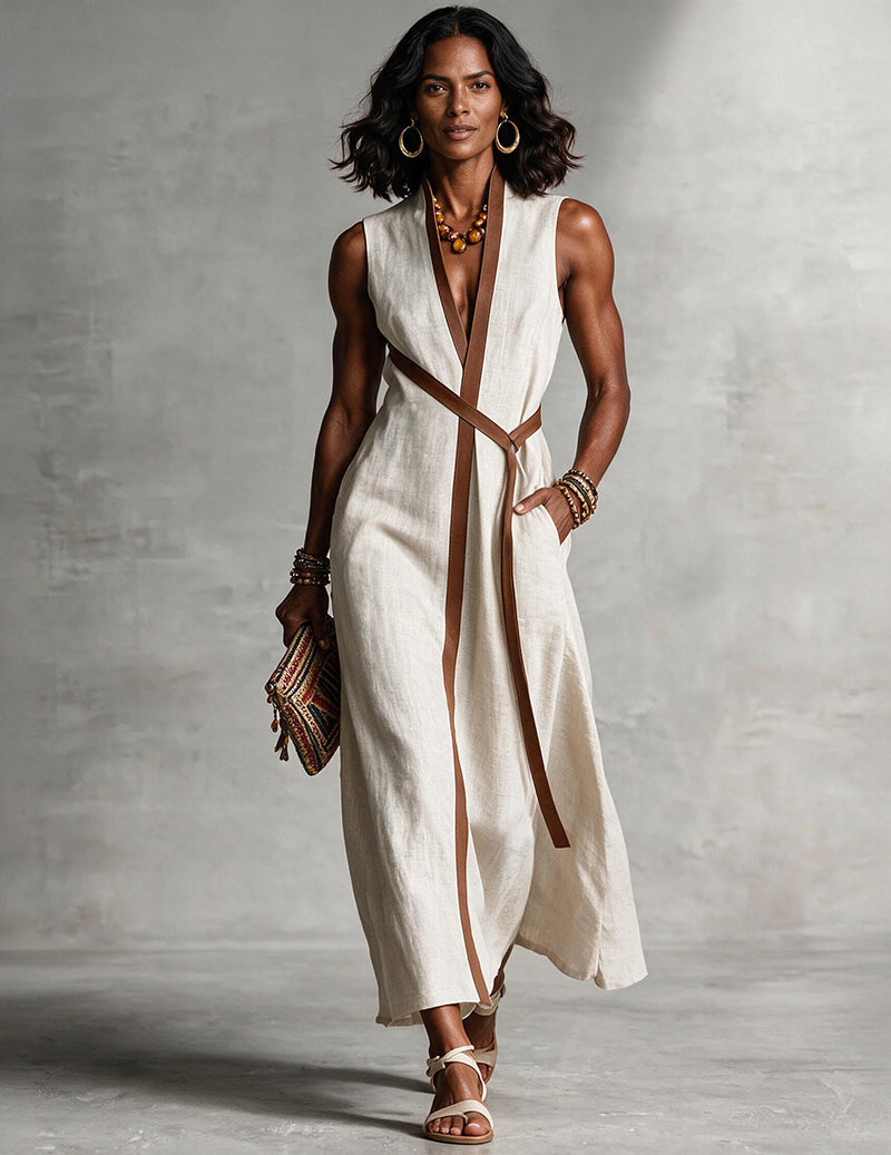 Cream sleeveless maxi dress with V-neck wrap front and brown tie belt detail
