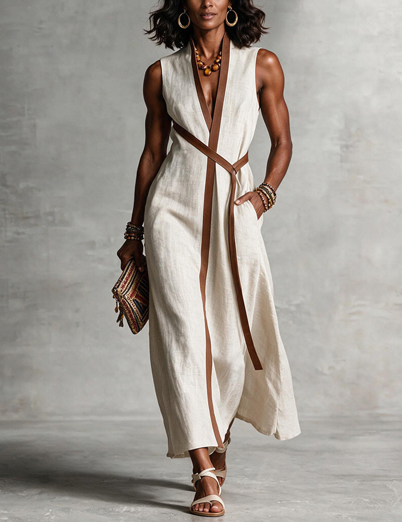 Beige sleeveless maxi dress with V-neck, wrap front, and brown tie waist trim