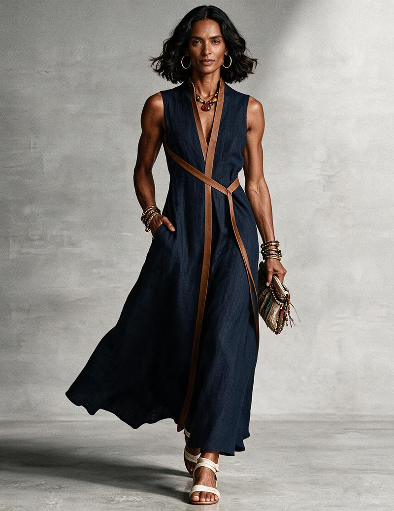 Navy sleeveless maxi dress with V-neck wrap front and brown tie waist trim