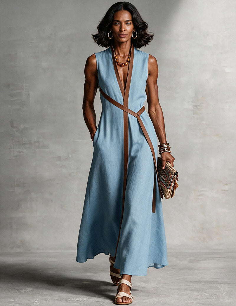 Light blue sleeveless maxi dress with V-neck wrap front and brown tie belt trim