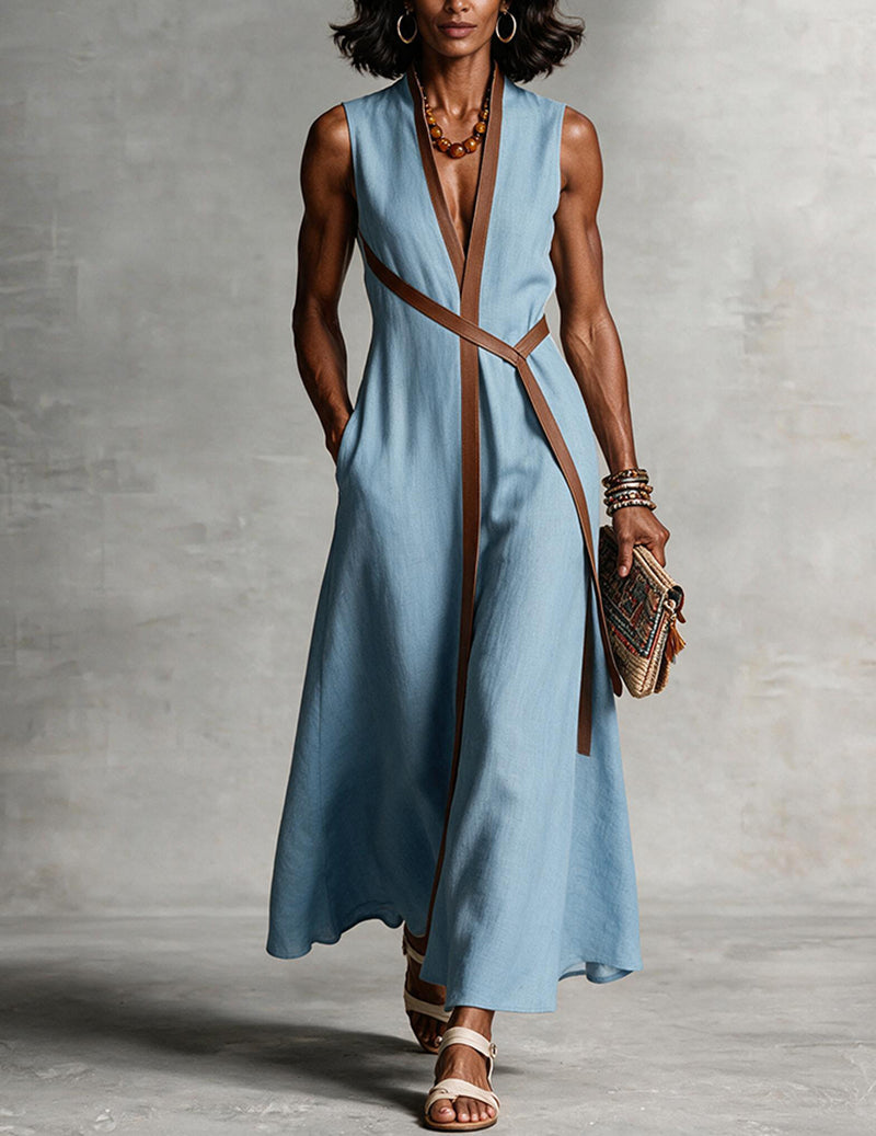 Light blue sleeveless maxi dress with V-neck wrap front and brown tie waist trim